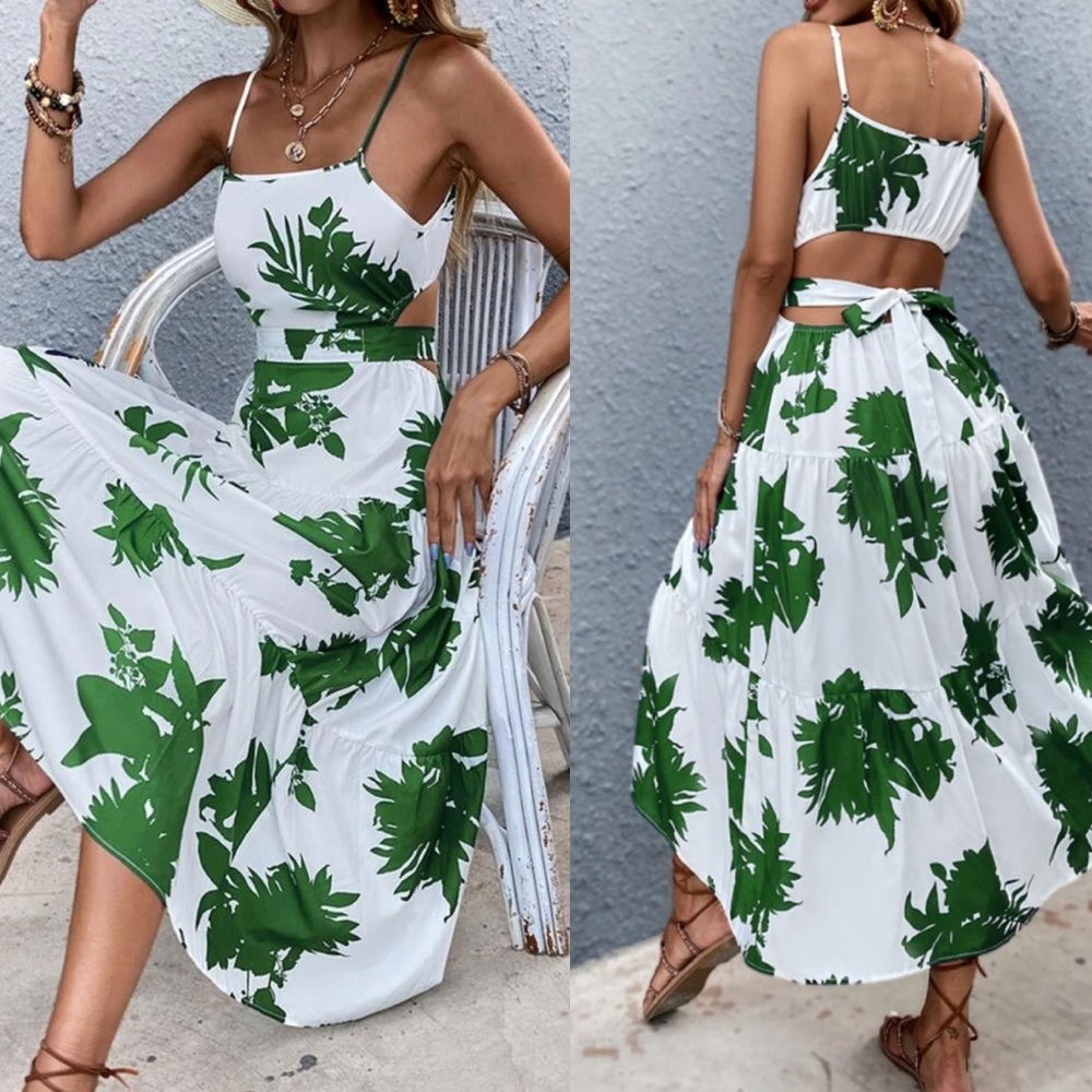 Boho floral plants cutout back ruffle hem dress